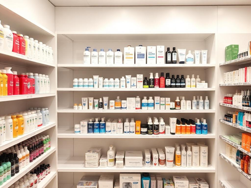 Prateleiras organizadas com cosméticos e higiene